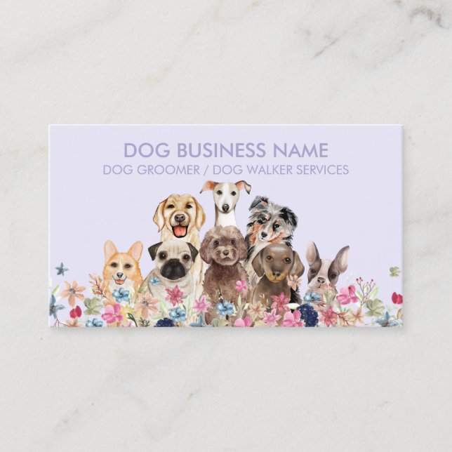 Tarjeta De Visita Mascota de perro sentado con morado floral (Anverso)