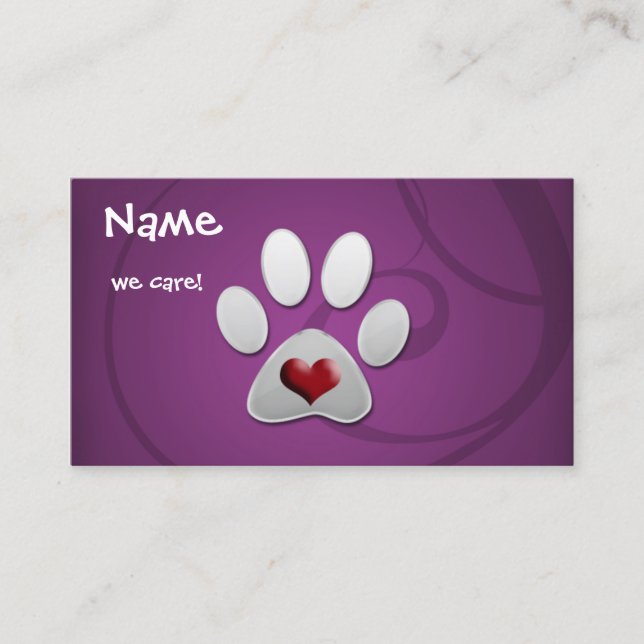 Tarjeta De Visita Mascota del corazón de la púrpura plateada paw (Anverso)