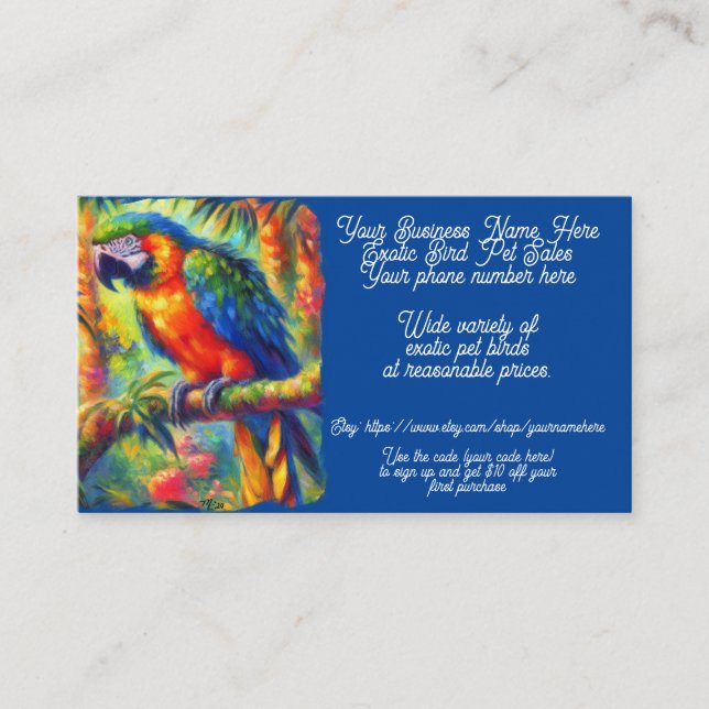 Tarjeta De Visita Mascota exótico Bird Parrot Cockatoo Shop Ventas E (Anverso)
