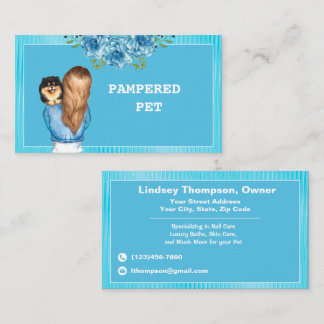 Tarjeta De Visita Mascota Floral Azul Groomer Holding Cachorro