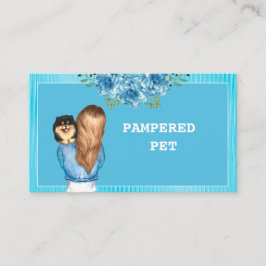 Tarjeta De Visita Mascota Floral Azul Groomer Holding Cachorro