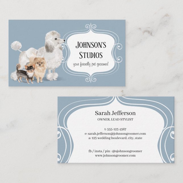 Tarjeta De Visita Mascota Groomer acuarela Perro Raza Dusty Blue Cut (Anverso / Reverso)