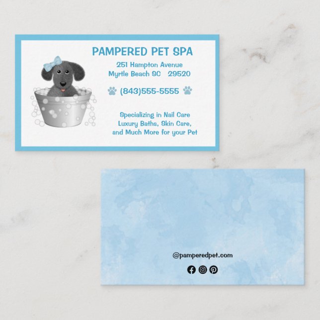 Tarjeta De Visita Mascota Groomer Puppy En Tub Blue Business Card (Anverso / Reverso)