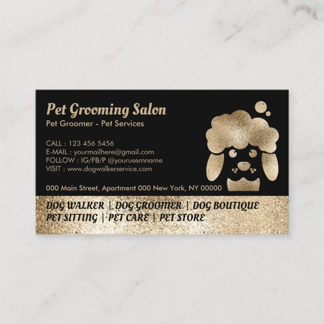 Tarjeta De Visita Mascota Grooming Salon Gold Sparkling (Anverso)