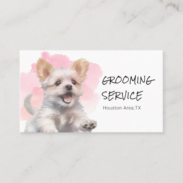Tarjeta De Visita Mascota Grooming Service - Perro acuarela rosa (Anverso)
