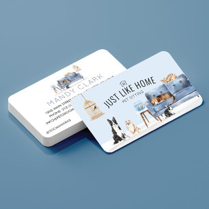 Tarjeta De Visita Mascota Hogar Sentado Acuarela Acogedor sofá Azul 