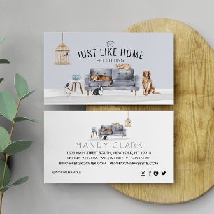 Tarjeta De Visita Mascota Hogar Sentado Acuarela Acogedor Sofá Gris 