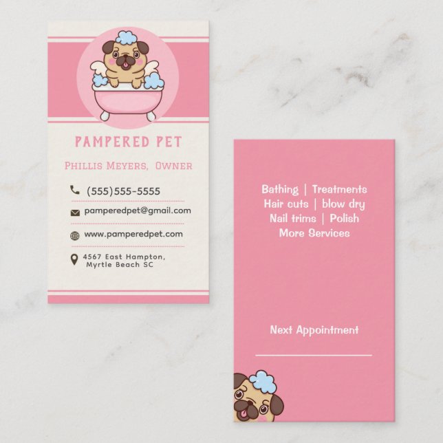 Tarjeta De Visita Mascota moderno Grooming Personalizado rosa (Anverso / Reverso)