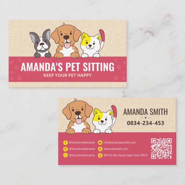 Tarjeta De Visita Mascota Sentado, Embarque de perros, dispensario v (Anverso / Reverso)