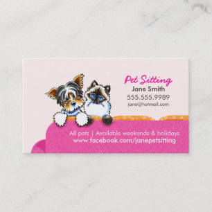Tarjeta De Visita Mascota sentado Yorkie con Cat Couch Pink