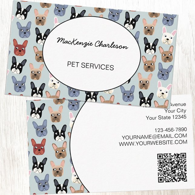 Tarjeta De Visita Mascota Services Bulldog francés Código QR (French Bulldog pet services QR Code business card for dog walker, pet sitter or veterinarian)
