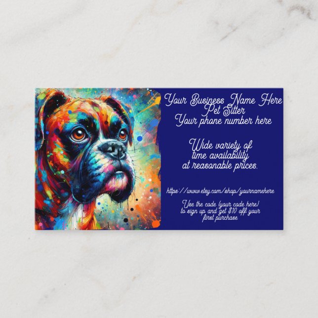 Tarjeta De Visita Mascota Sitter Boxer Dog Pop Art Paint Splatt Blue (Anverso)