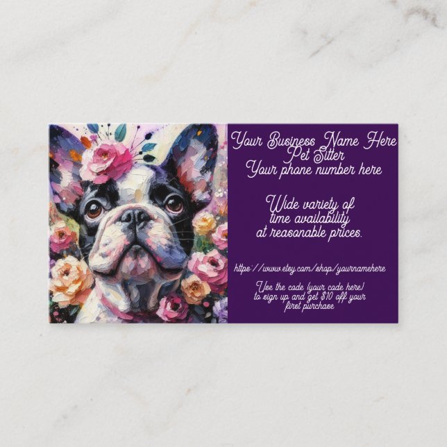 Tarjeta De Visita Mascota Sitter Bulldog francés Rosas de perro Flor (Anverso)
