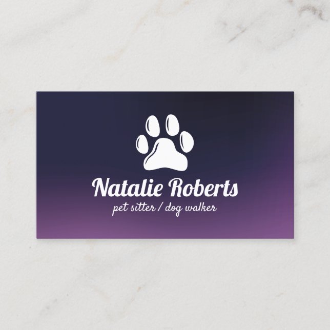 Tarjeta De Visita Mascota Sitter Dog Walker Cute Paw Logo Púrpura (Anverso)
