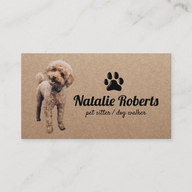 Tarjeta De Visita Mascota Sitter Dog Walker Cute Poodle Rustic Kraft (Anverso)