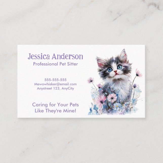 Tarjeta de visita mascota Sitter - Gato lindo en l (Anverso)