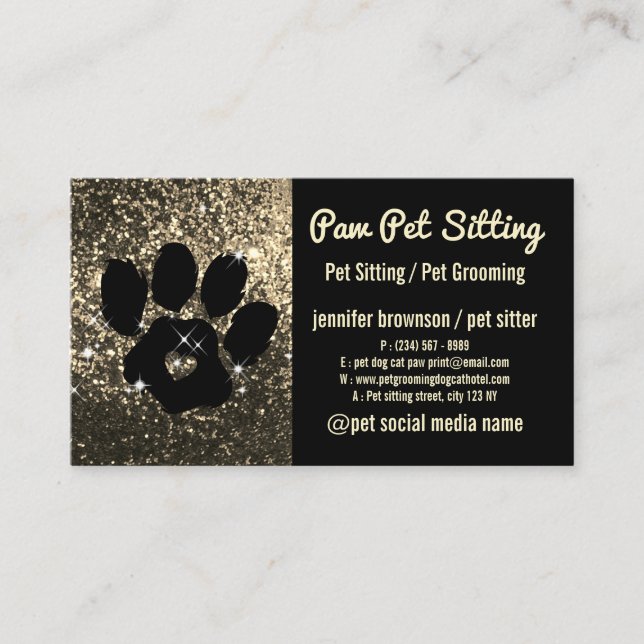 Tarjeta De Visita Mascota Sitter Grooming Purpurina oro Perro negro (Anverso)
