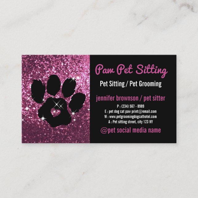 Tarjeta De Visita Mascota Sitter Grooming Purpurina rosa Perro Negro (Anverso)