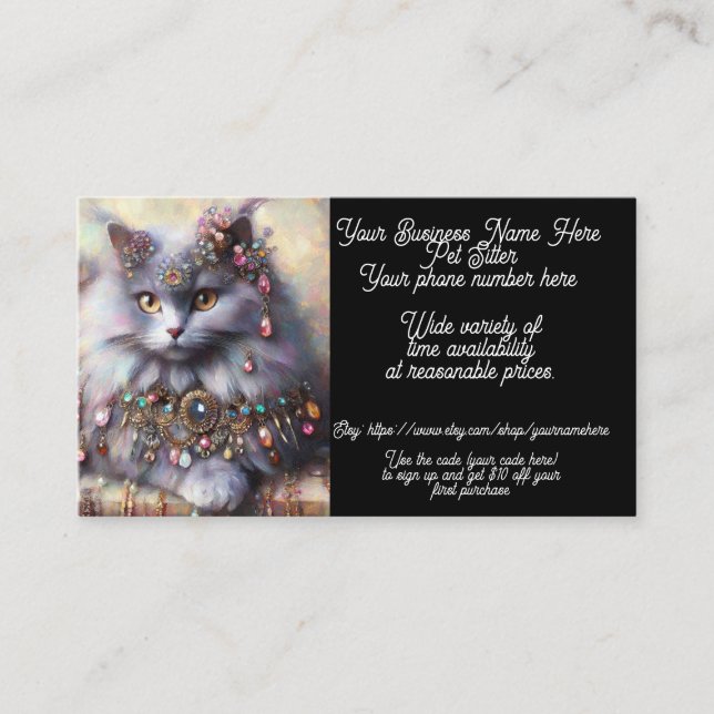Tarjeta De Visita Mascota Sitter Whimsical Gray Kitty Cat Jewelry (Anverso)