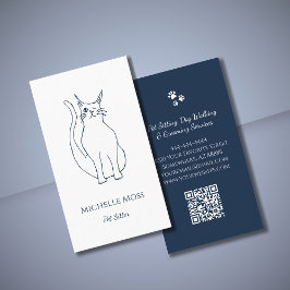 Tarjeta De Visita Mascota Sitter Winking Cat Navy código QR azul