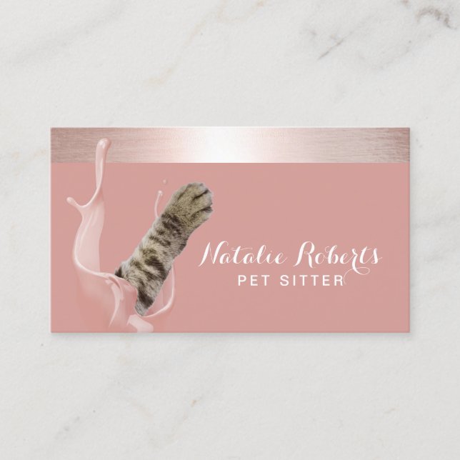 Tarjeta De Visita Mascota Sitting Cute Cat Paw Rosa Gold Stripe (Anverso)
