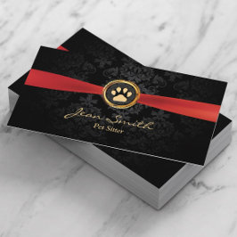 Tarjeta De Visita Mascota Sitting Elegant Red Ribbon Gold Paw Damask