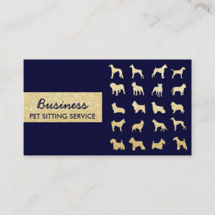 Tarjeta De Visita Mascota Sitting Pet Care Navy Gold Dogs Silhouette