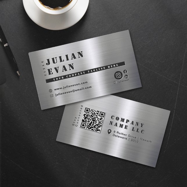 Tarjeta De Visita Masculina de esténcil negrita Metalizado con pince (Modern Shiny Brushed Metal Bold Stencil Masculine Business Card)