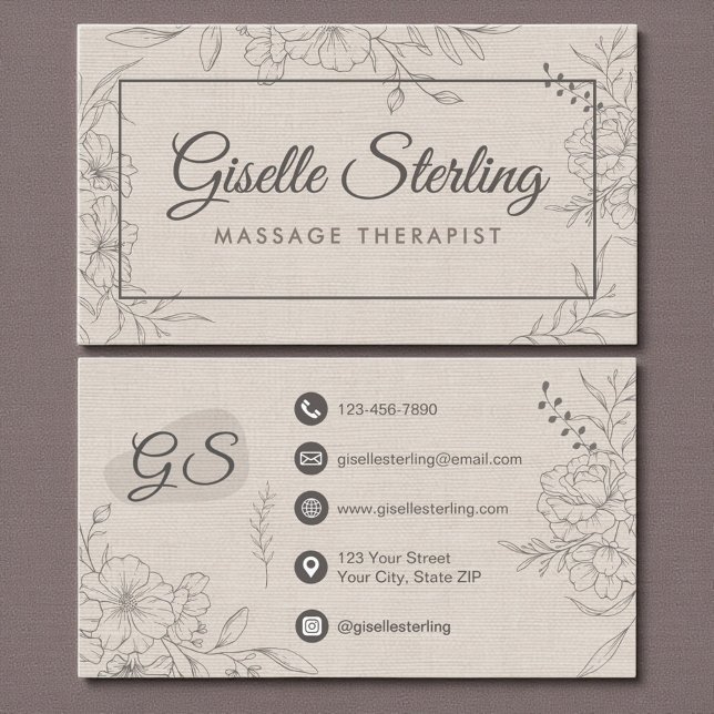 Tarjeta De Visita Massage Therapist Beige Linen Floral Line Art (Subido por el creador)