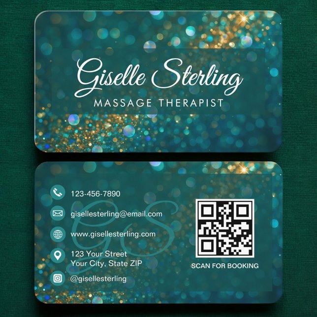 Tarjeta De Visita Massage Therapist Green Gold QR Code (Subido por el creador)