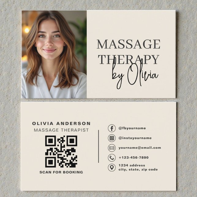 Tarjeta De Visita Massage Therapist Neutral Beige Photo QR Code (Subido por el creador)