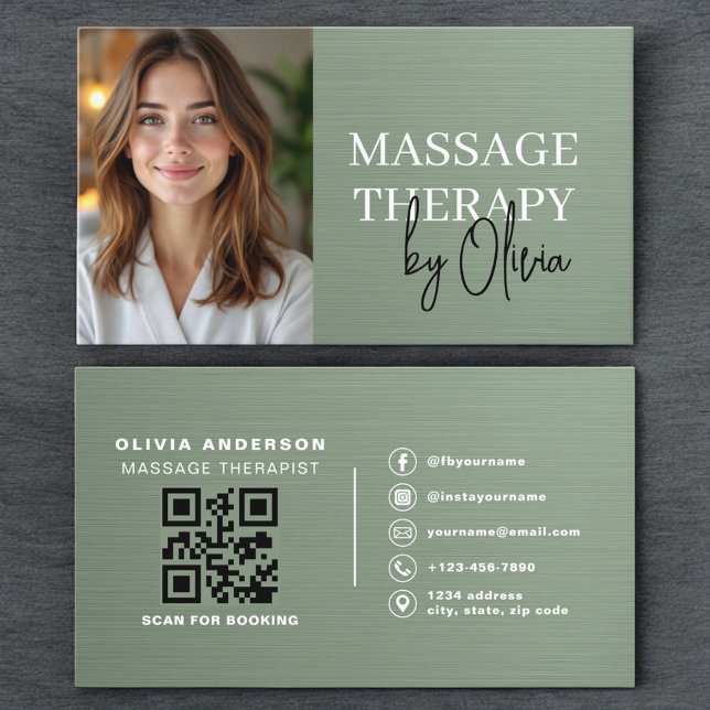 Tarjeta De Visita Massage Therapist Photo Metallic Sage Green  (Subido por el creador)