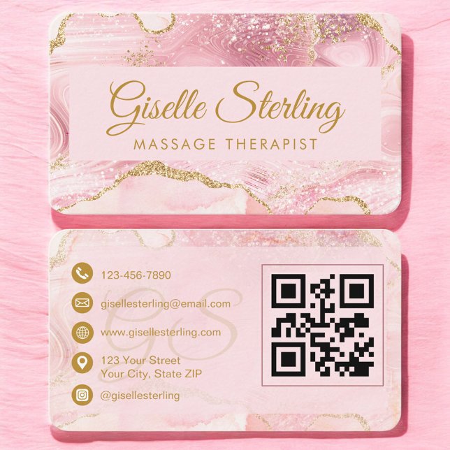 Tarjeta De Visita Massage Therapist Pink Gold Agate QR Code (Subido por el creador)