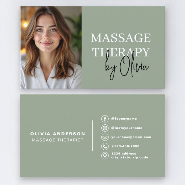 Tarjeta De Visita Massage Therapist Sage Green Photo (Subido por el creador)