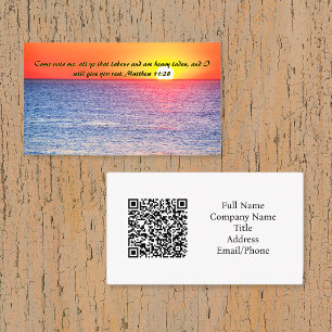 Tarjeta De Visita Matthew 11:28 código QR Ocean Red Sunset