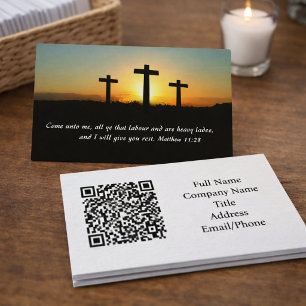Tarjeta De Visita Matthew 11:28 Tres Cruces Atardecer código QR