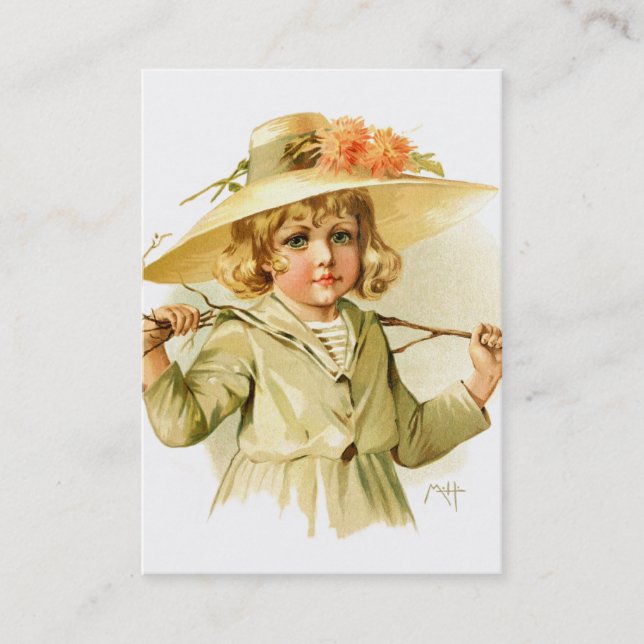 Tarjeta De Visita Maud Humphrey: Chica del invierno con la rama (Anverso)