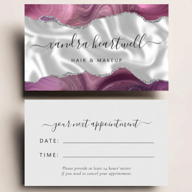 Tarjeta De Visita Mauve Agate Silver Glam Stylist Appointment (Subido por el creador)