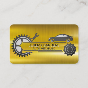 Tarjeta De Visita Mecánico Automotriz   Metal Dorado   Reparación de