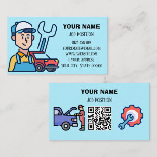 Tarjeta De Visita Mecánico de Automóviles Moderno Código QR Azul Cla