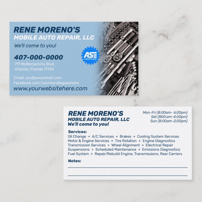 Tarjeta De Visita Mecánico Móvil De Reparación De Coches De Automóvi (Anverso / Reverso)