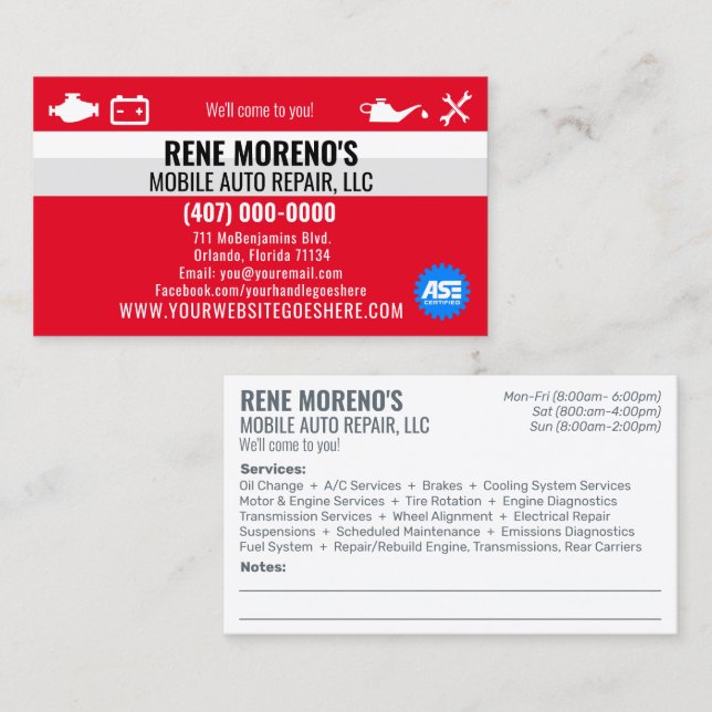 Tarjeta De Visita Mecánico Móvil De Reparación De Coches De Automóvi (Anverso / Reverso)