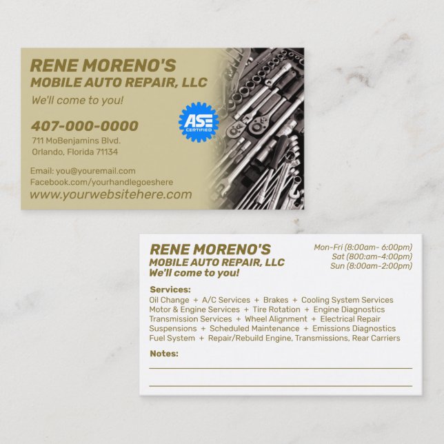 Tarjeta De Visita Mecánico Móvil De Reparación De Coches De Automóvi (Anverso / Reverso)