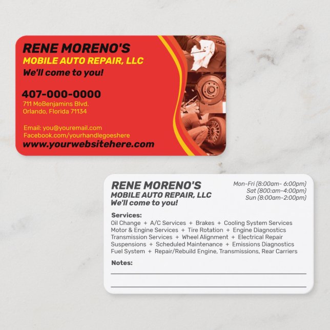 Tarjeta De Visita Mecánico Móvil De Reparación De Coches De Automóvi (Anverso / Reverso)