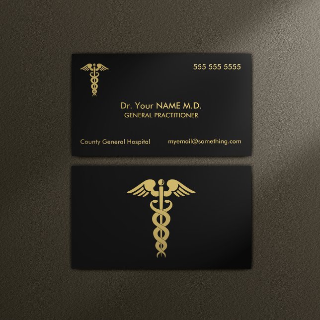 Tarjeta De Visita Médica Caduceus Black and Gold (Medical Doctor Business Cards)