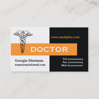 Tarjeta De Visita Médica Caduceus minimalista negro, blanco, naranja