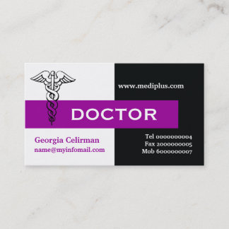 Tarjeta De Visita Médica de Caduceus minimalista negro, blanco, púrp