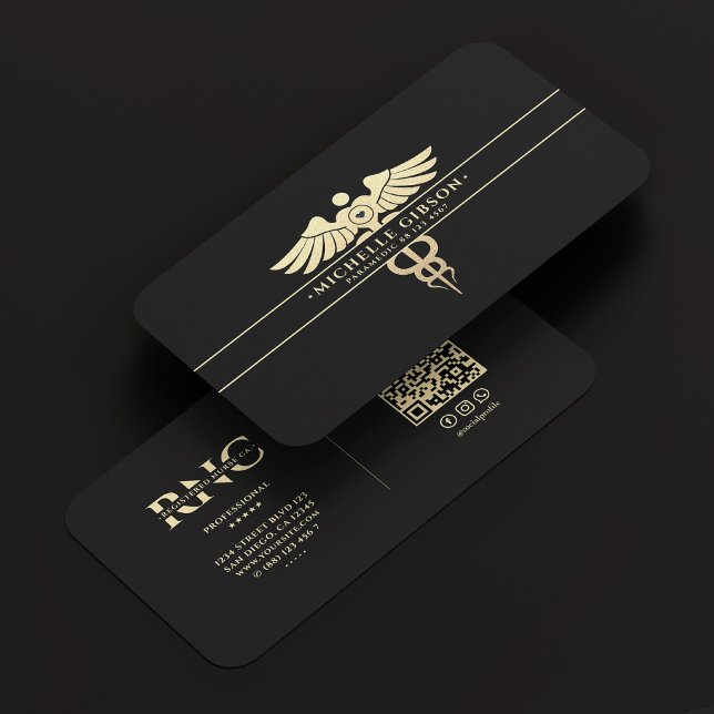 Tarjeta De Visita Médica médico moderno Monograma Caduceus Oro negro (Modern Medical Doctor Monogram Caduceus Black Gold Business Card
)