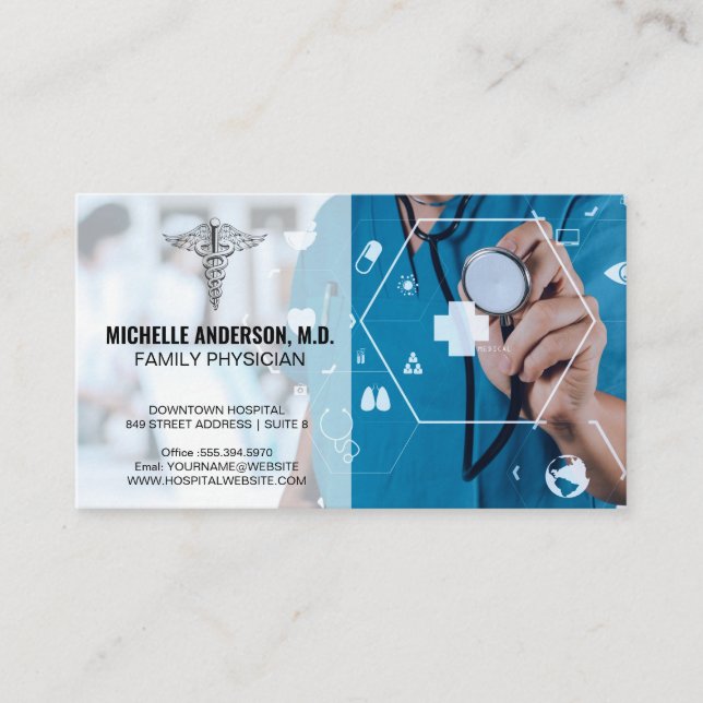 Tarjeta De Visita Médica Trabajar | Iconos de medicina hospitalaria (Anverso)