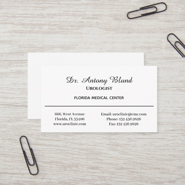 Tarjeta De Visita Médica Urologista Blanco y Negro simple (Anverso/Reverso In Situ)